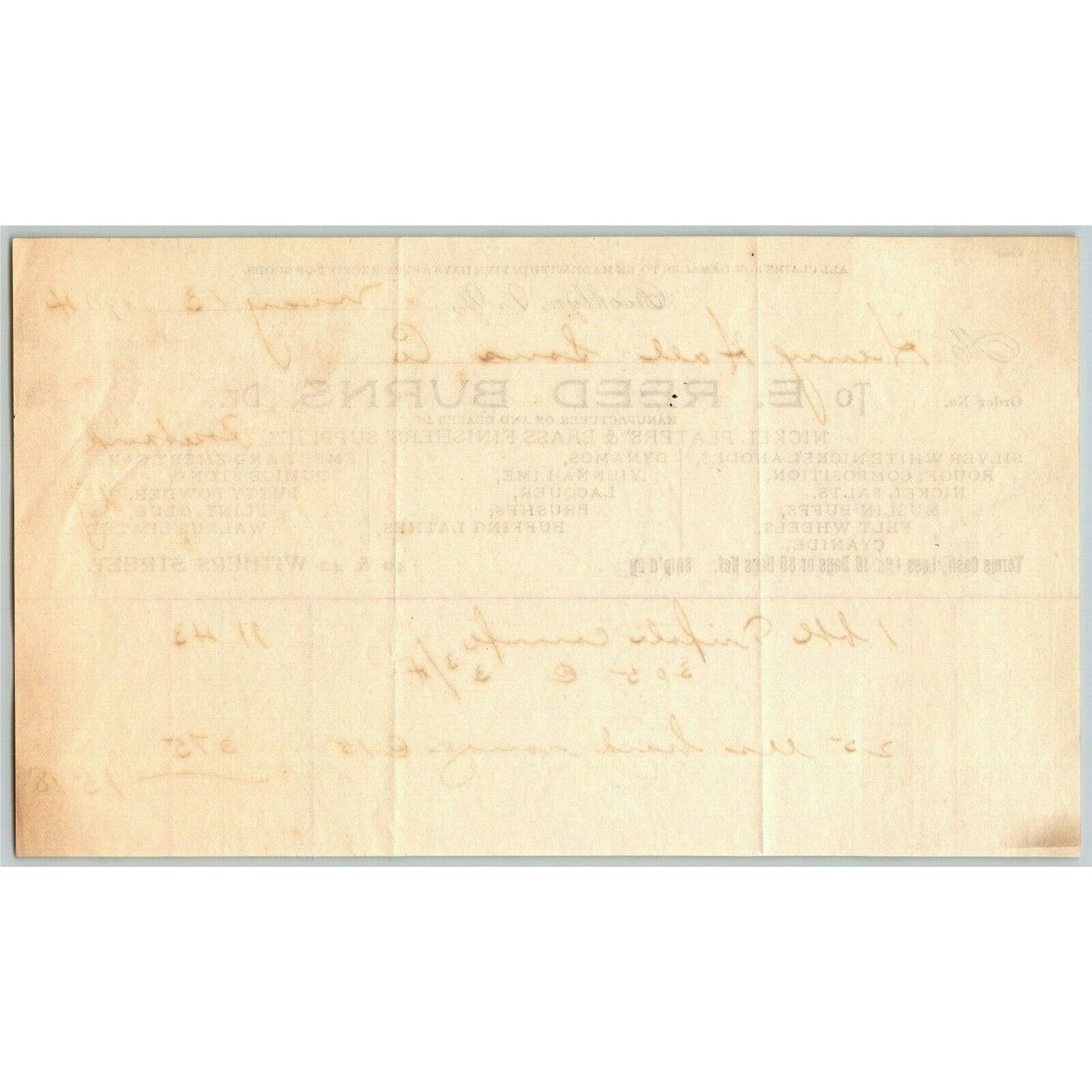 Brooklyn NY Billhead Letterhead 1904 E. Reed Burns Nickel Platers Brass Finisher