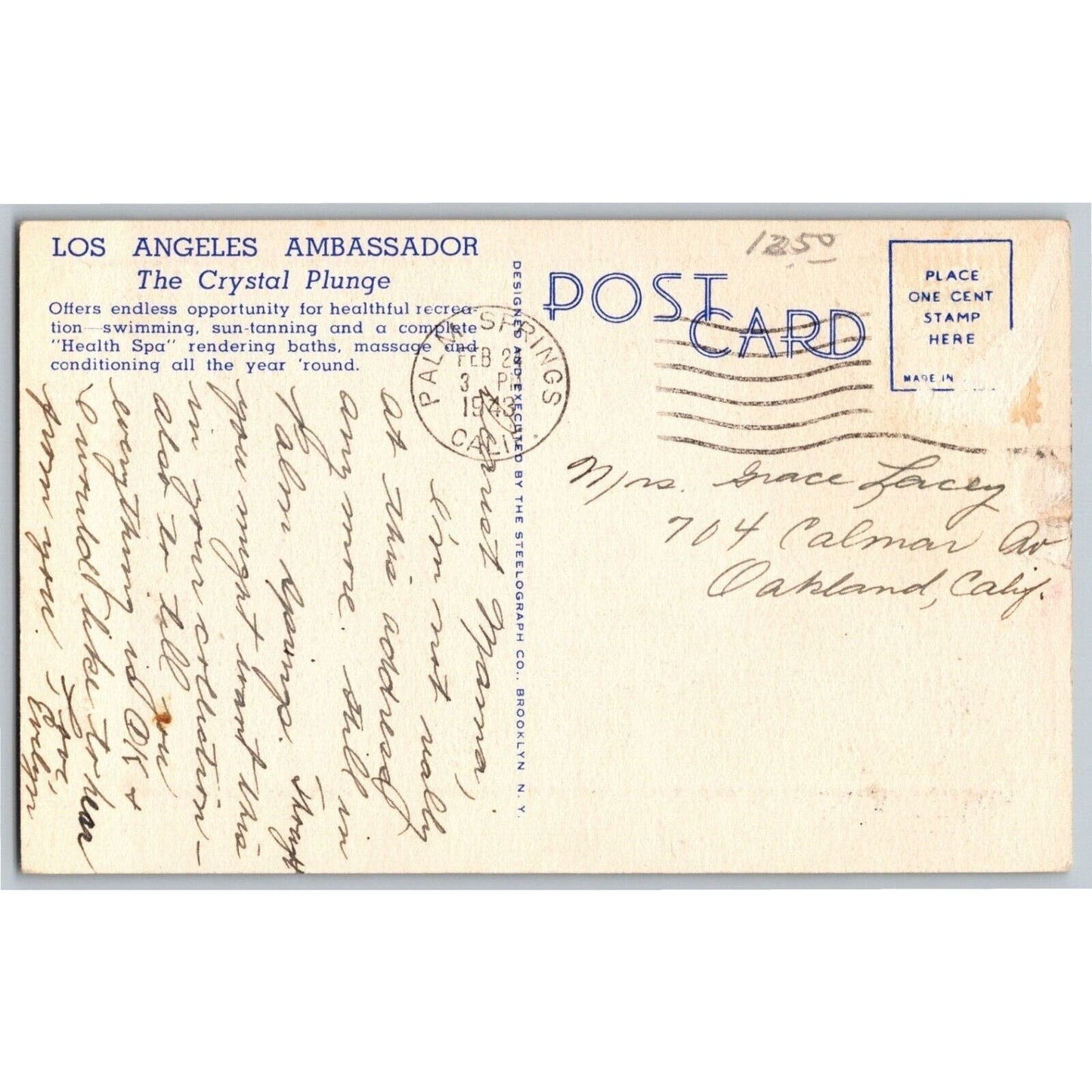 Los Angeles Ambassador The Crystal Plunge Postcard 1943 PM VGC