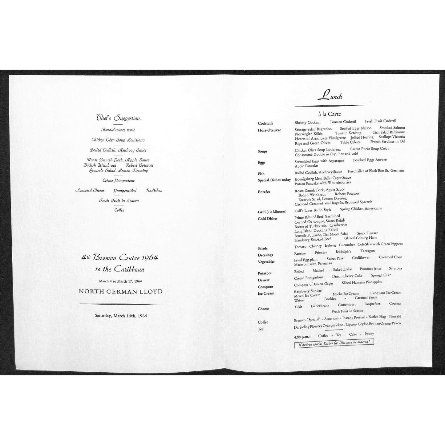 1964 North German Lloyd Bremen Cruise Line Lunch Menu Mar 14