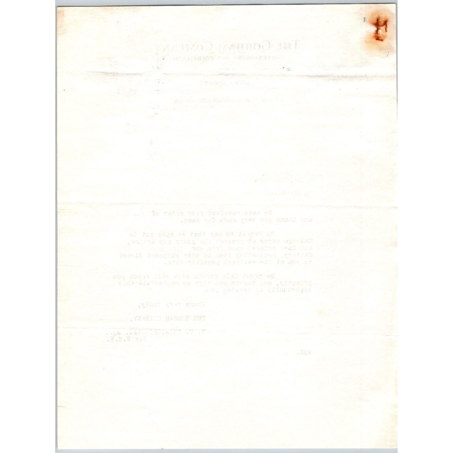 Gorham Company Silver to "Leys" Jewelers Butte, MT 1924 Out of Stock in Chicago