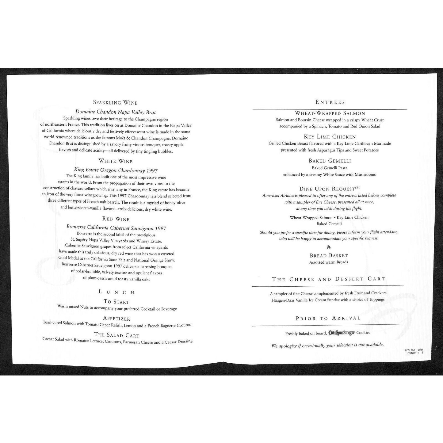2001 American Airlines First Class Lunch Wine Entrée Menu