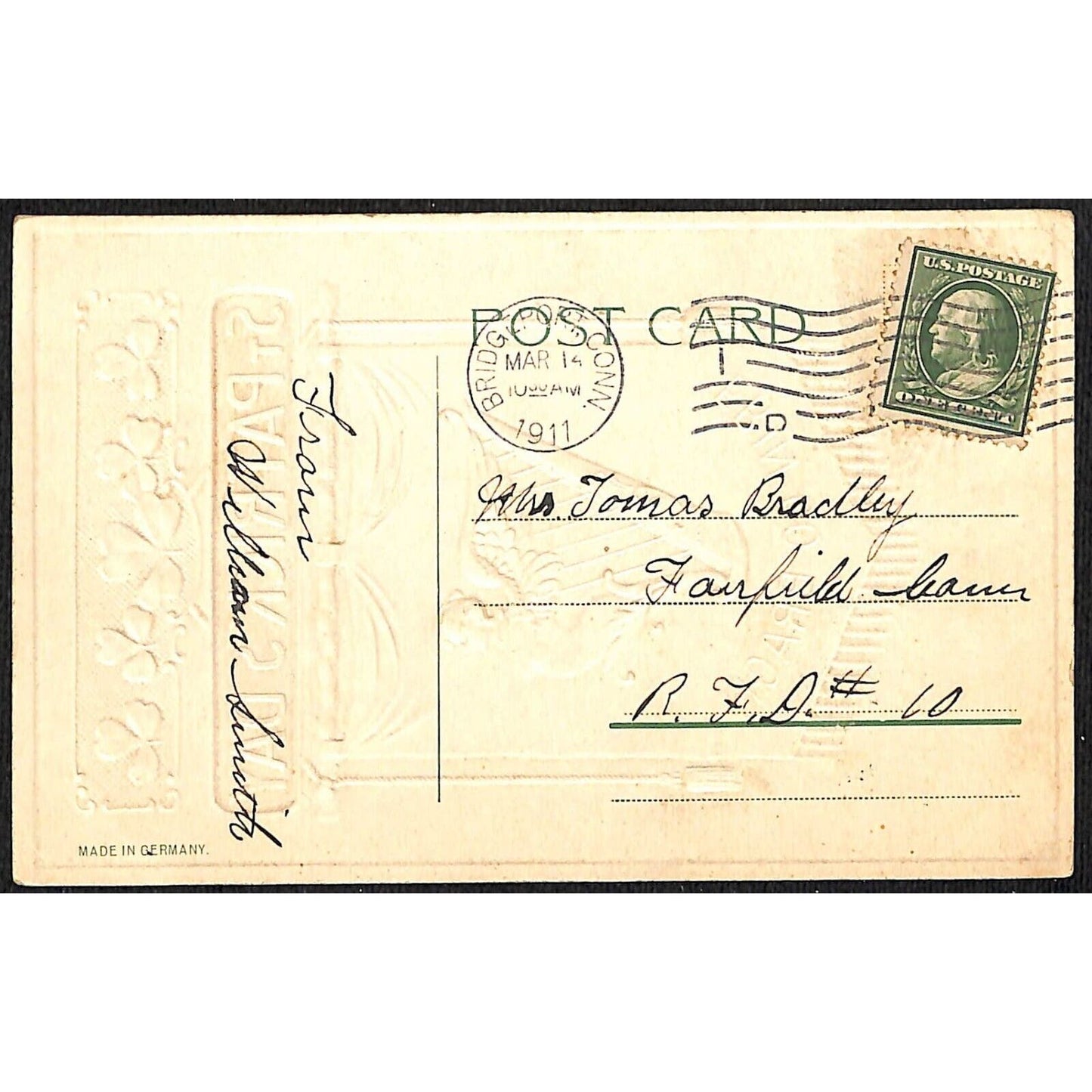 St. Patrick's Day Postcard Erin Go Bragh Harp Clover Gilt Embossed PM 1911