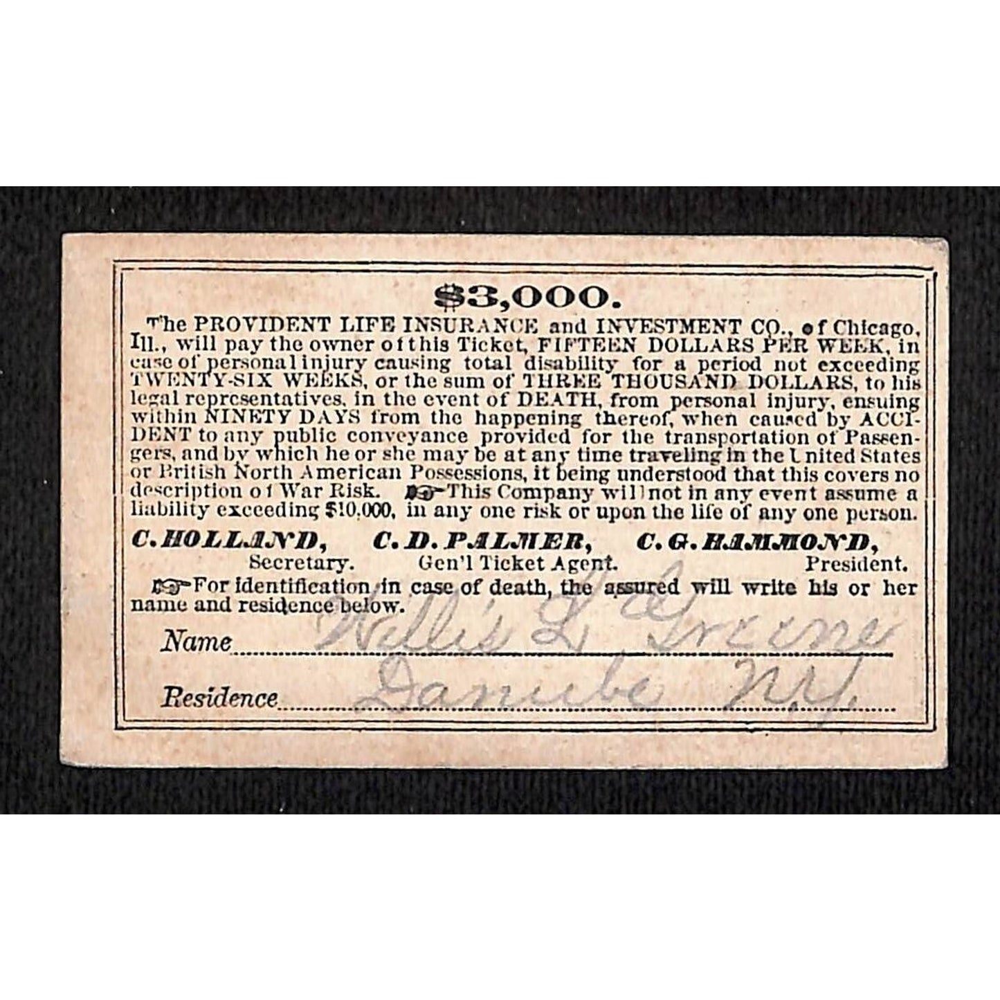 Chicago, & Rock Island Railroad 1885 One Day Ticket w/ Provident Ins. Coverage