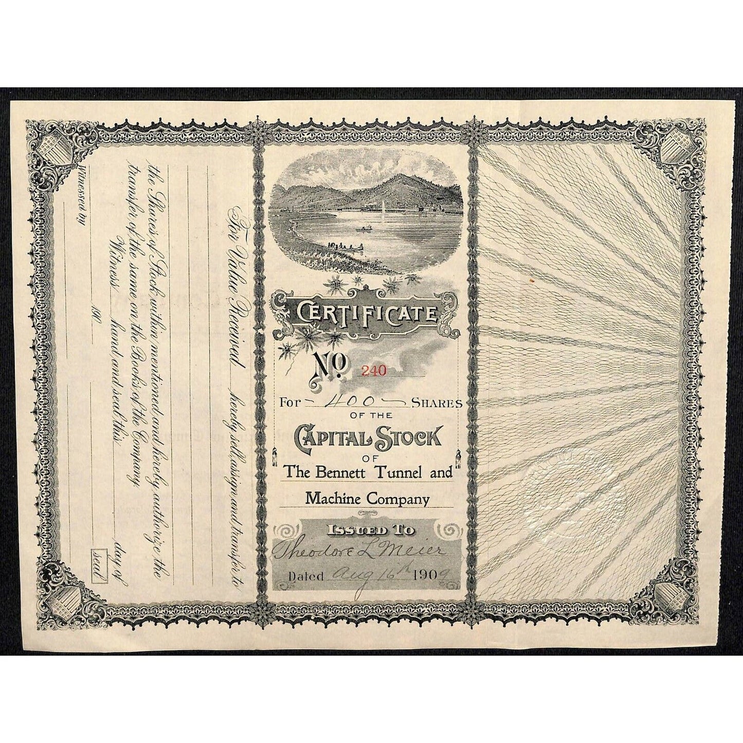 Vintage Stock Certificate 1909 Bennett Tunnel and Machine Co. Denver, CO #240