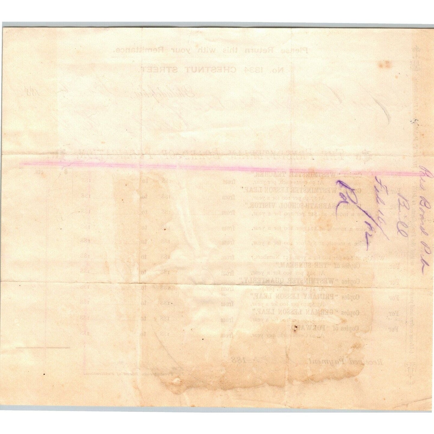 John S. Menagh 1882 Letterhead Philadelphia Presbyterian Publication Order Form