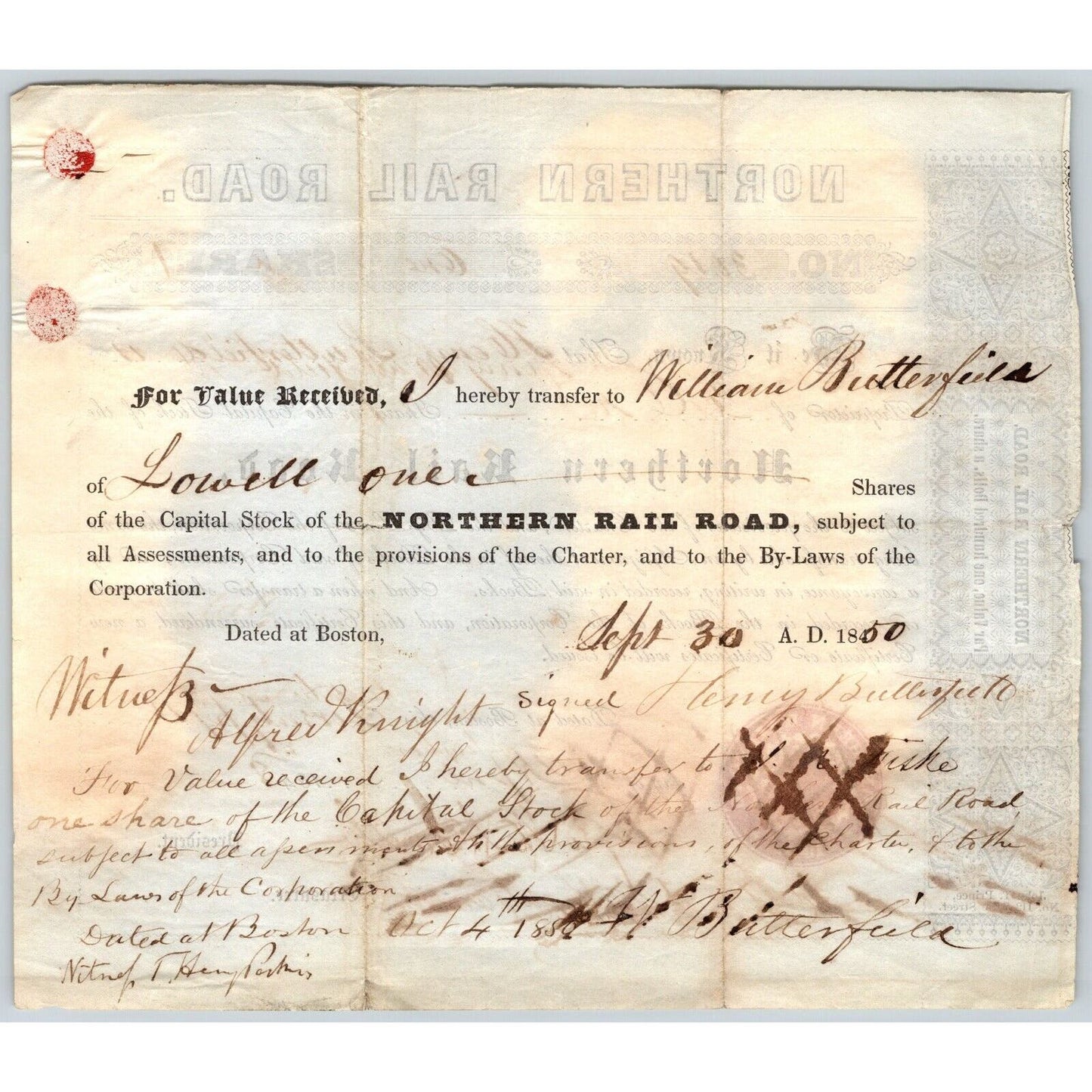 1848 Boston, MA Northern Railroad Stock Certificate No. 3019 for 1 Share