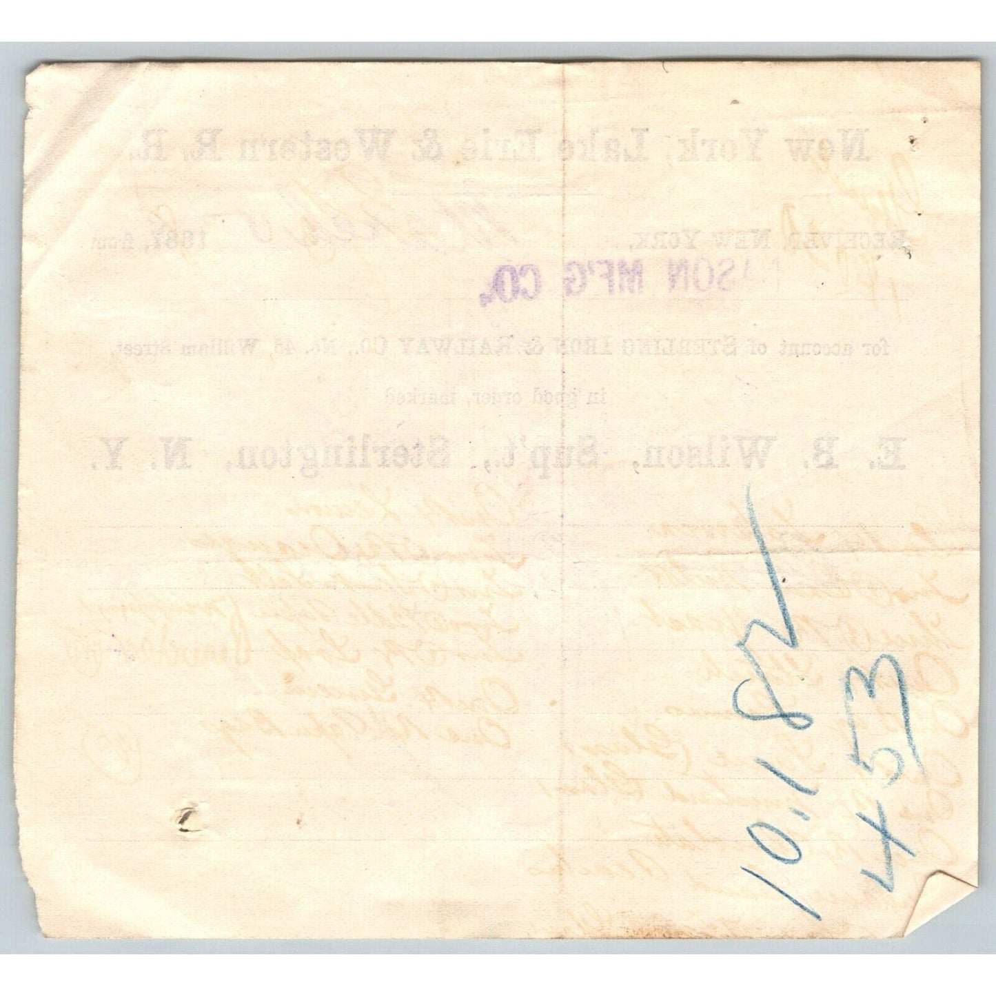 New York, Lake Erie & Western R.R. 1888 Railroad Freight Billhead Mason M'fg Co.