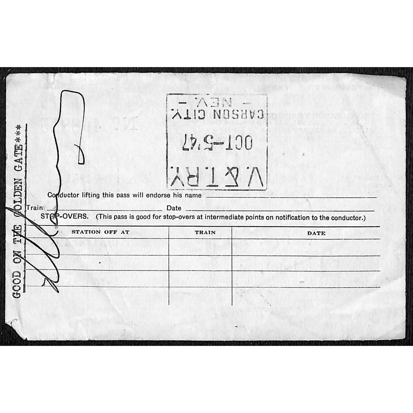 1947 Atchison, Topeka & Santa Fe Railway System Pass / Ticket Oakland to Fresno