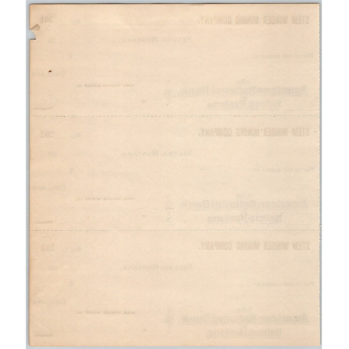 Helena Montana Stem Winder Mining Co. American National Bank Check Sheet 1910