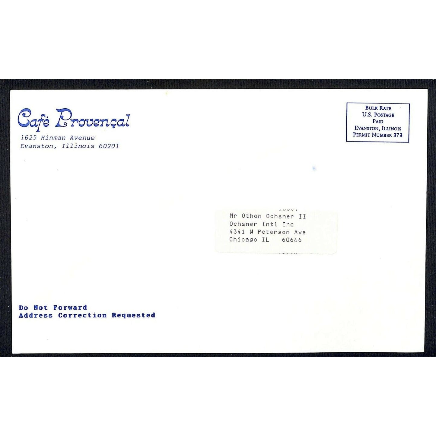 c1977-80's Cafe Provencal Restaurant Post Card Dinner Menu Mailer Evanston, IL