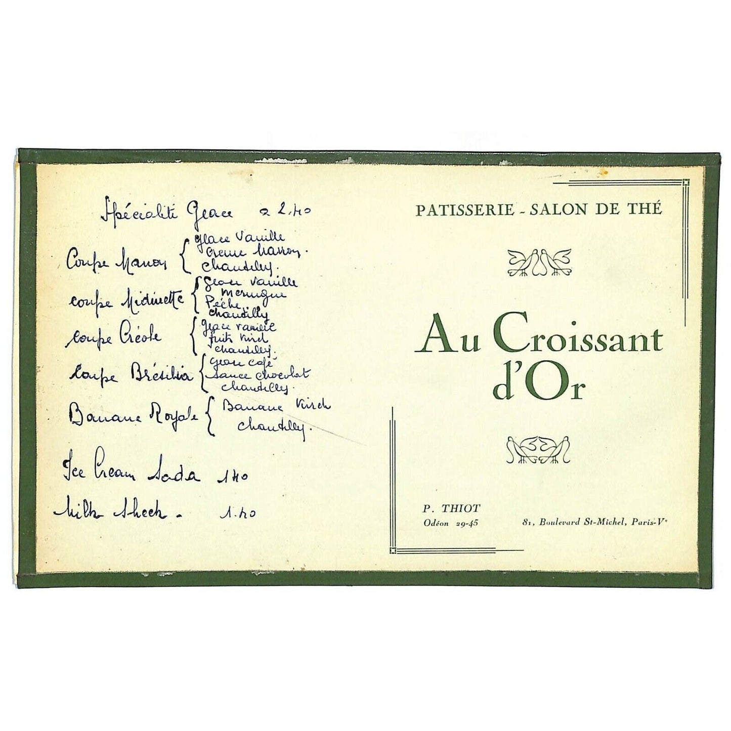 c1980's-90's Au Croissant D'Or French Menu Card Inside Clear Protective Sleeve