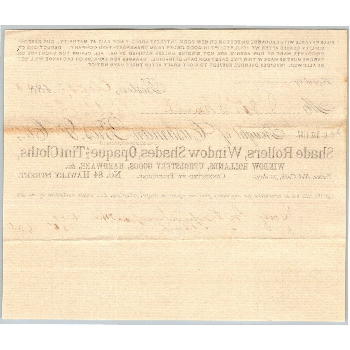 Boston, MA Cushman Bros. Shade Rollers 1888 Billhead JP Marsh Bethel, VT Scarce