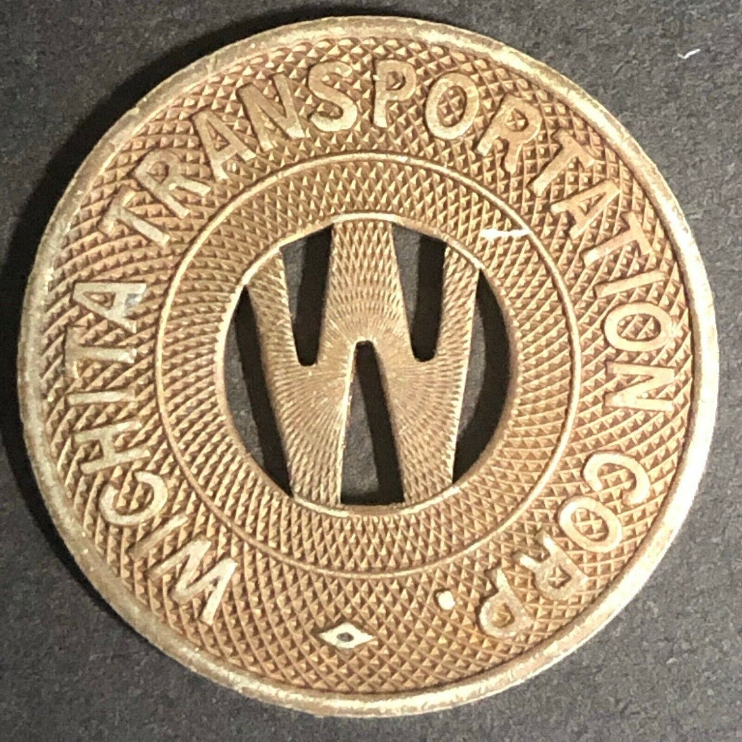 c1940's 23mm Wichita Transportation Corp. G/F One Fare Brass Transit Token -- KS