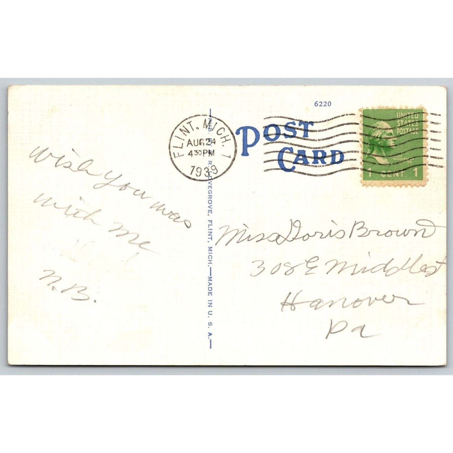 Fisher Body Plant No.1 Flint, MI Advertising Postcard PM 1939 VGC Scarce