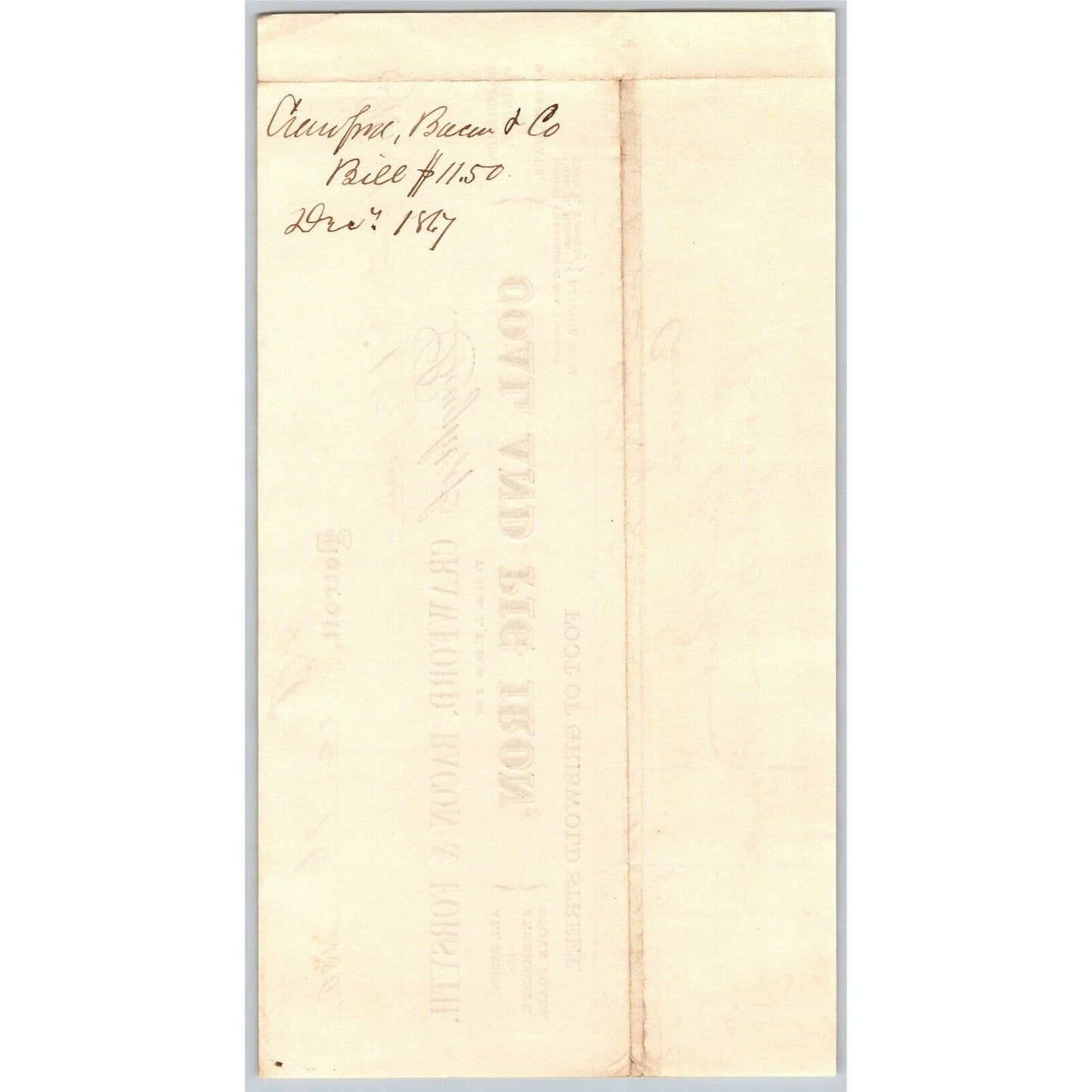 Detroit Letterhead Crawford, Bacon & Forsyth "Coal and Pig Iron" 1867