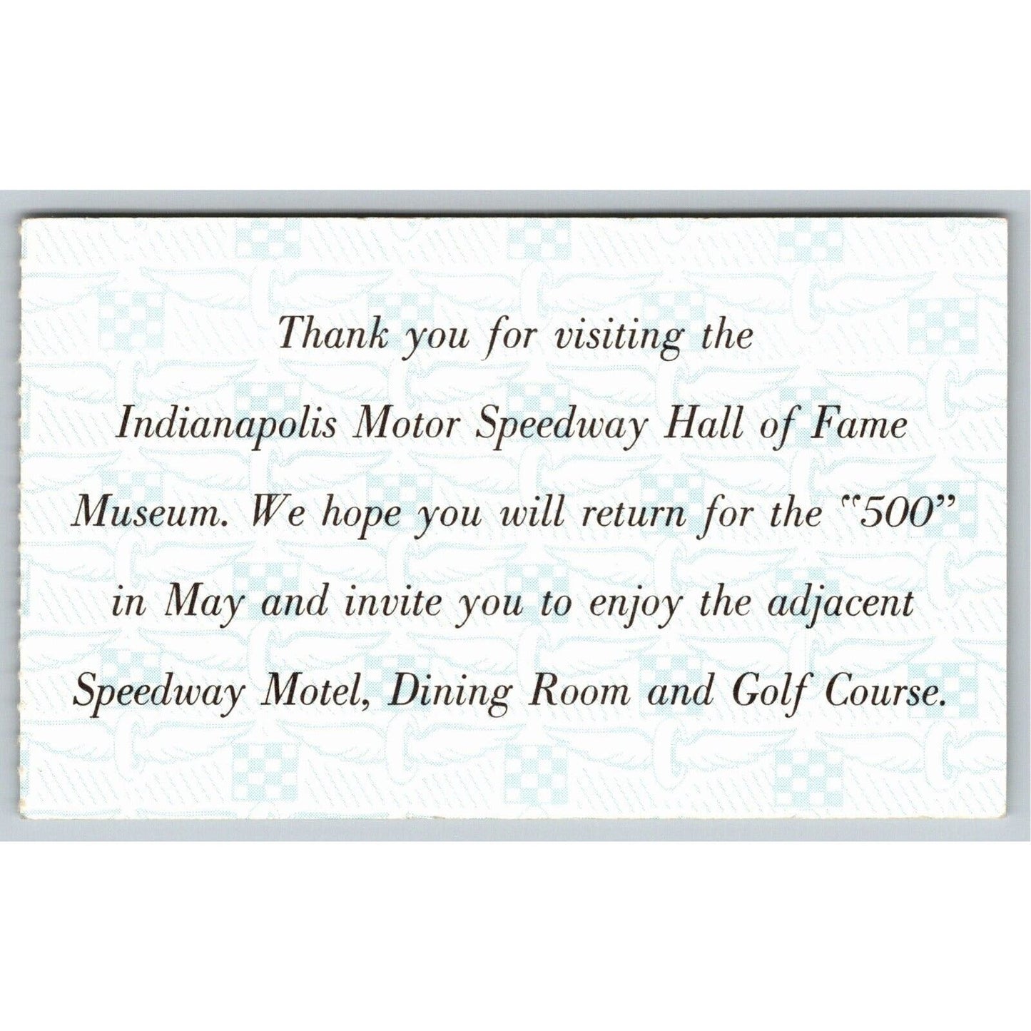 c1980's Indy 500 Hall of Fame Museum Ticket Stub Card Indianapolis #175126