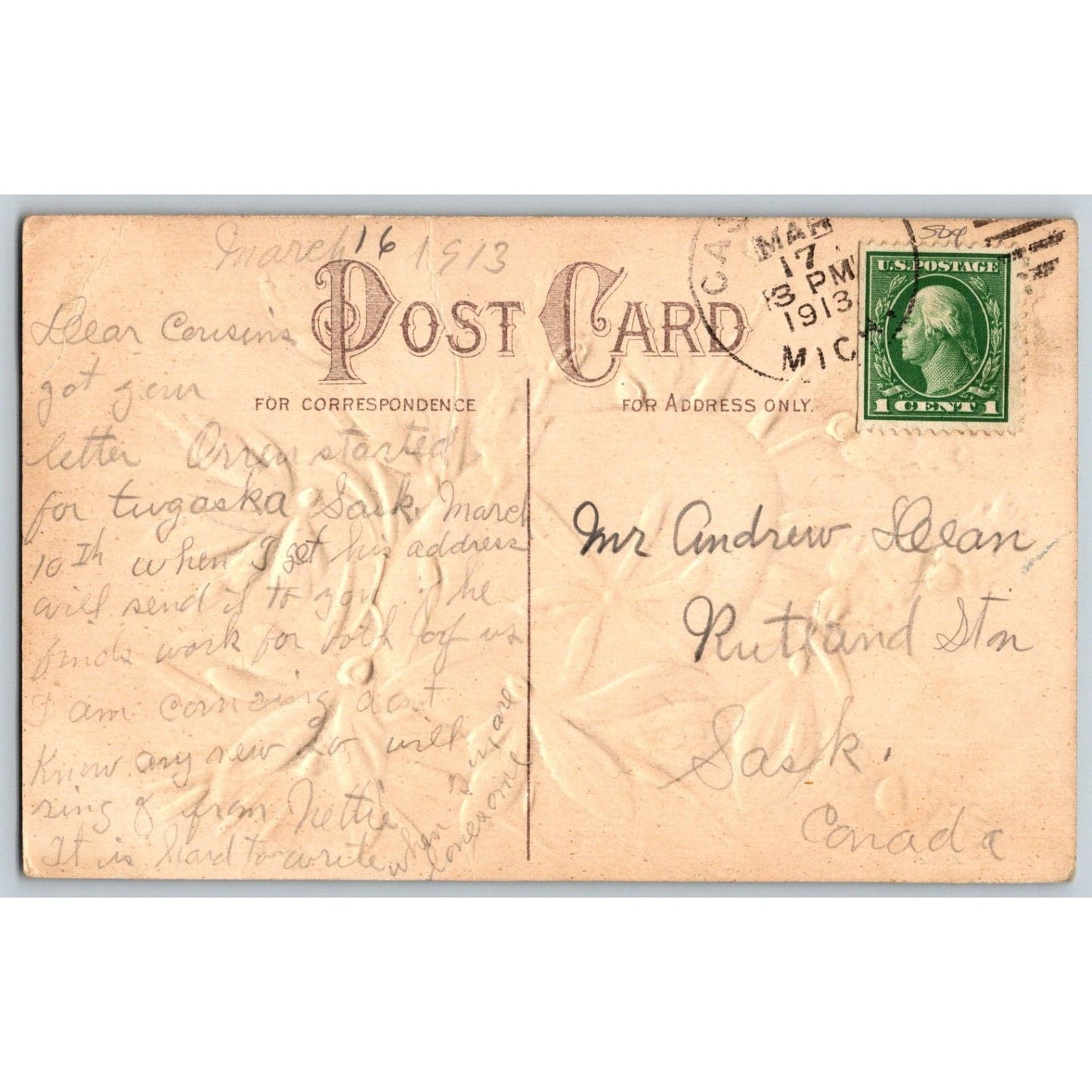 Easter Postcard "Easter Greeting" Floral Egg Embossed Silver Ink PM 1913