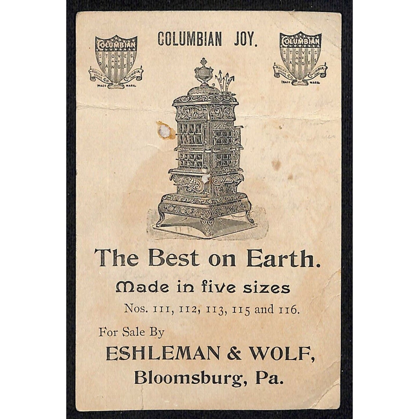 c1880's-90's Victorian Trade Card Columbian Joy Range Eshleman & Wolf Bloomsburg