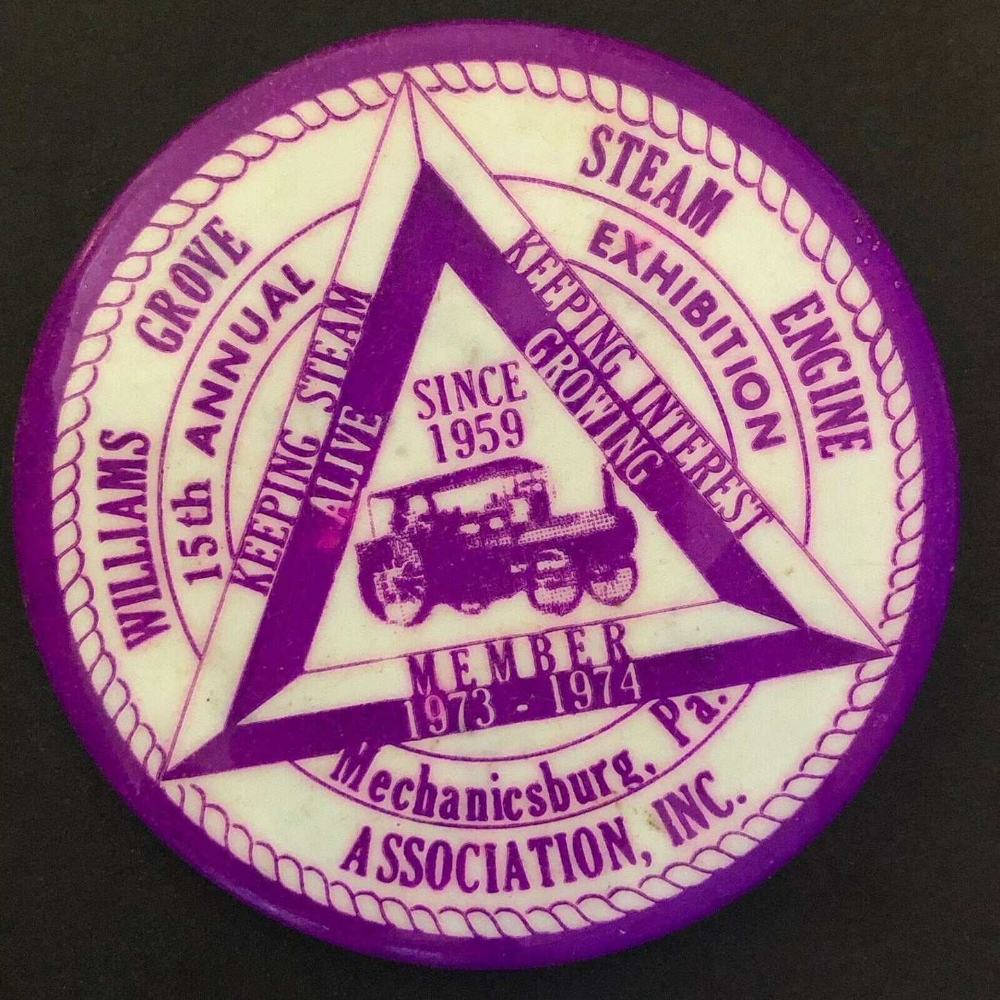1973-74 Williams Grove Steam Engine Historical Mechanicsburg, PA Pin Back Button