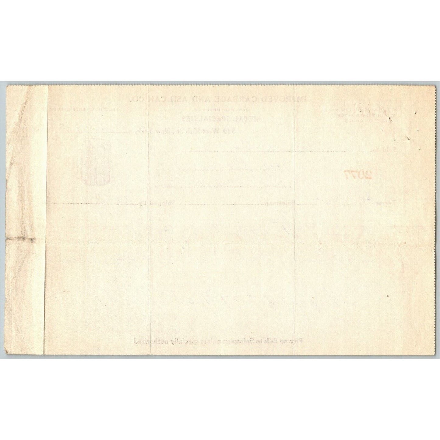 1916 "Improved Garbage and Ash Can Co," Billhead Letterhead 540 W. 58th St. NYC