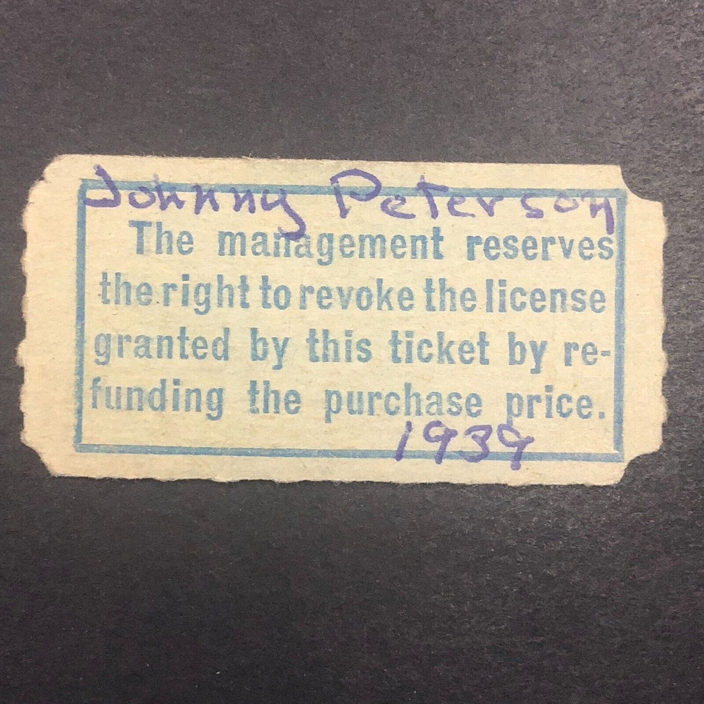 Midget Auto Racing Rain Check Ticket Johnny Peterson 1939 National Speedway