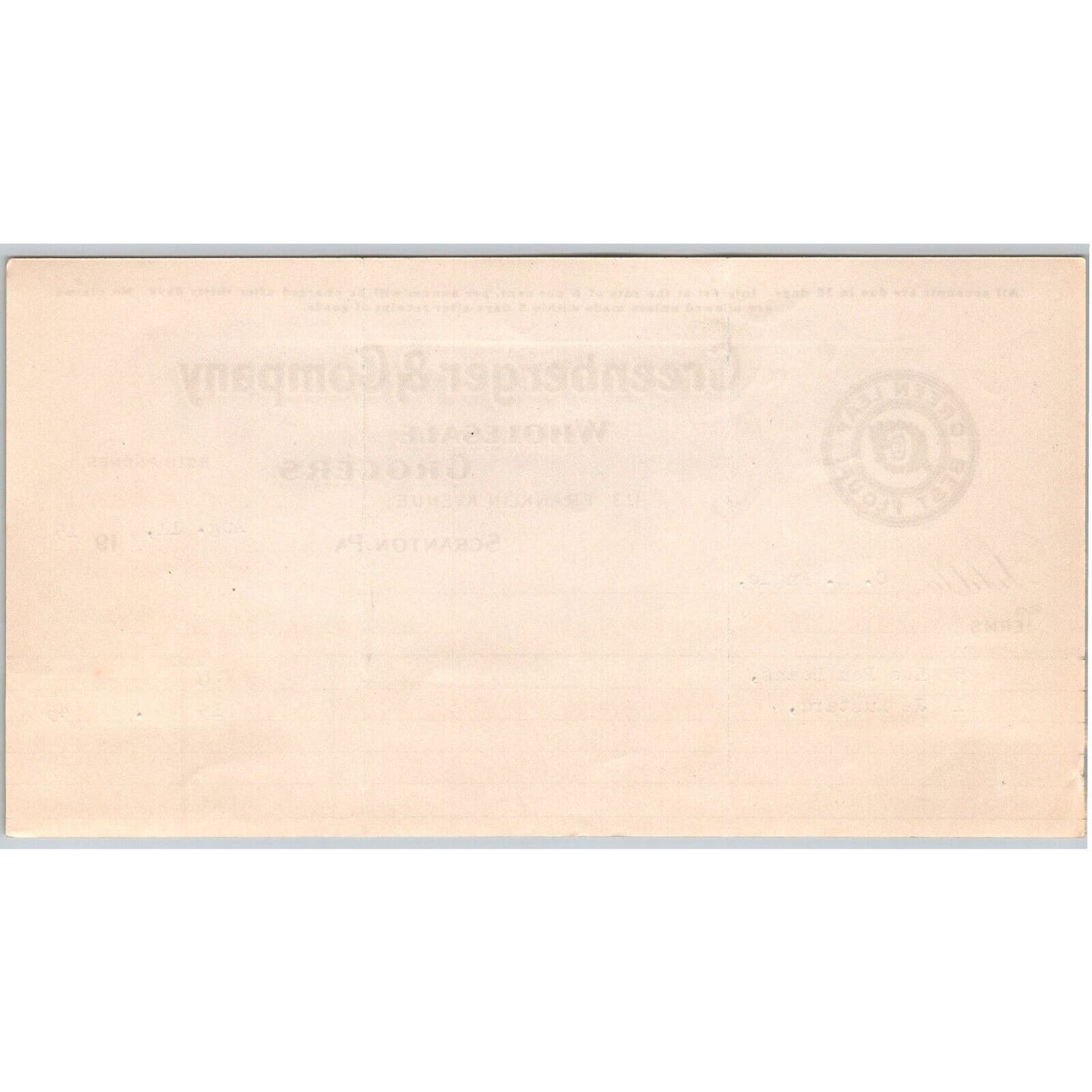 Scranton PA Greenberger & Co. Grocers 1915 "C.B. Engel" Billhead Peas Mustard