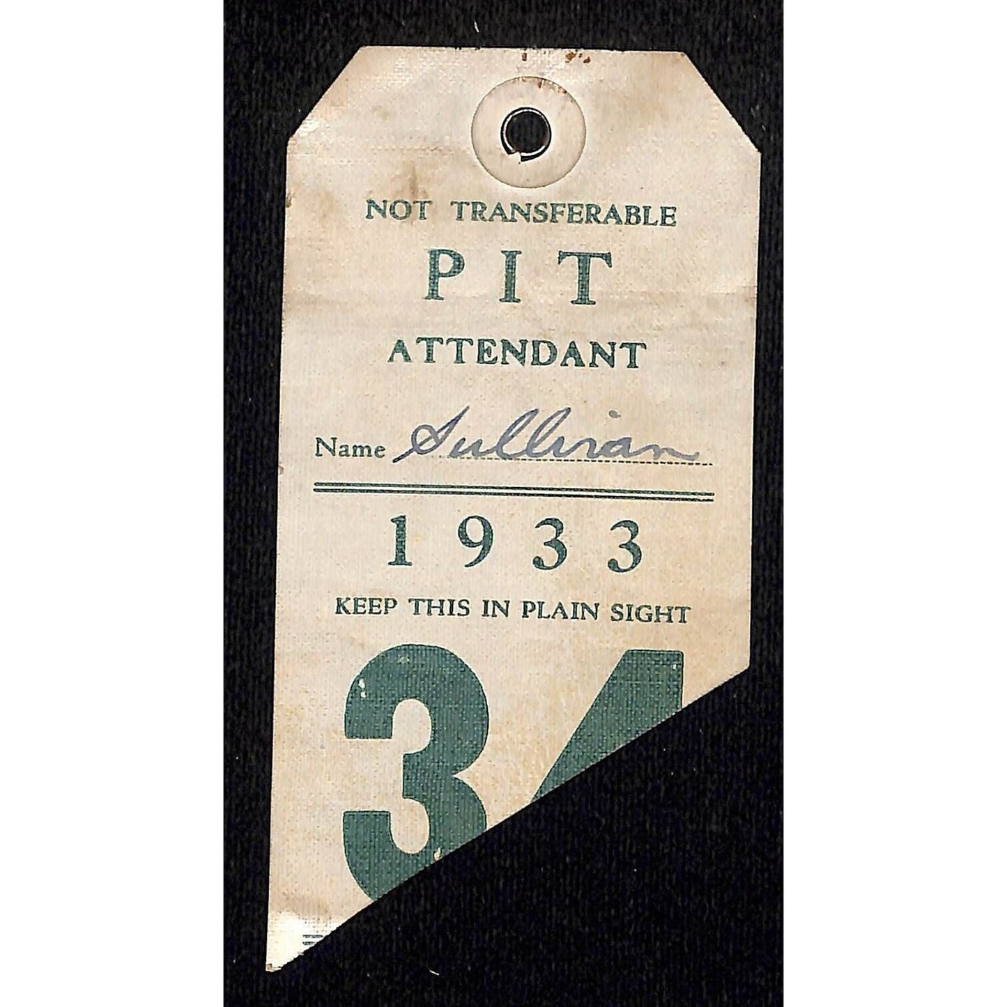 1933 Legion Ascot Speedway Pit Pass / Pit Attendant Event Number 34 VERY Scarce