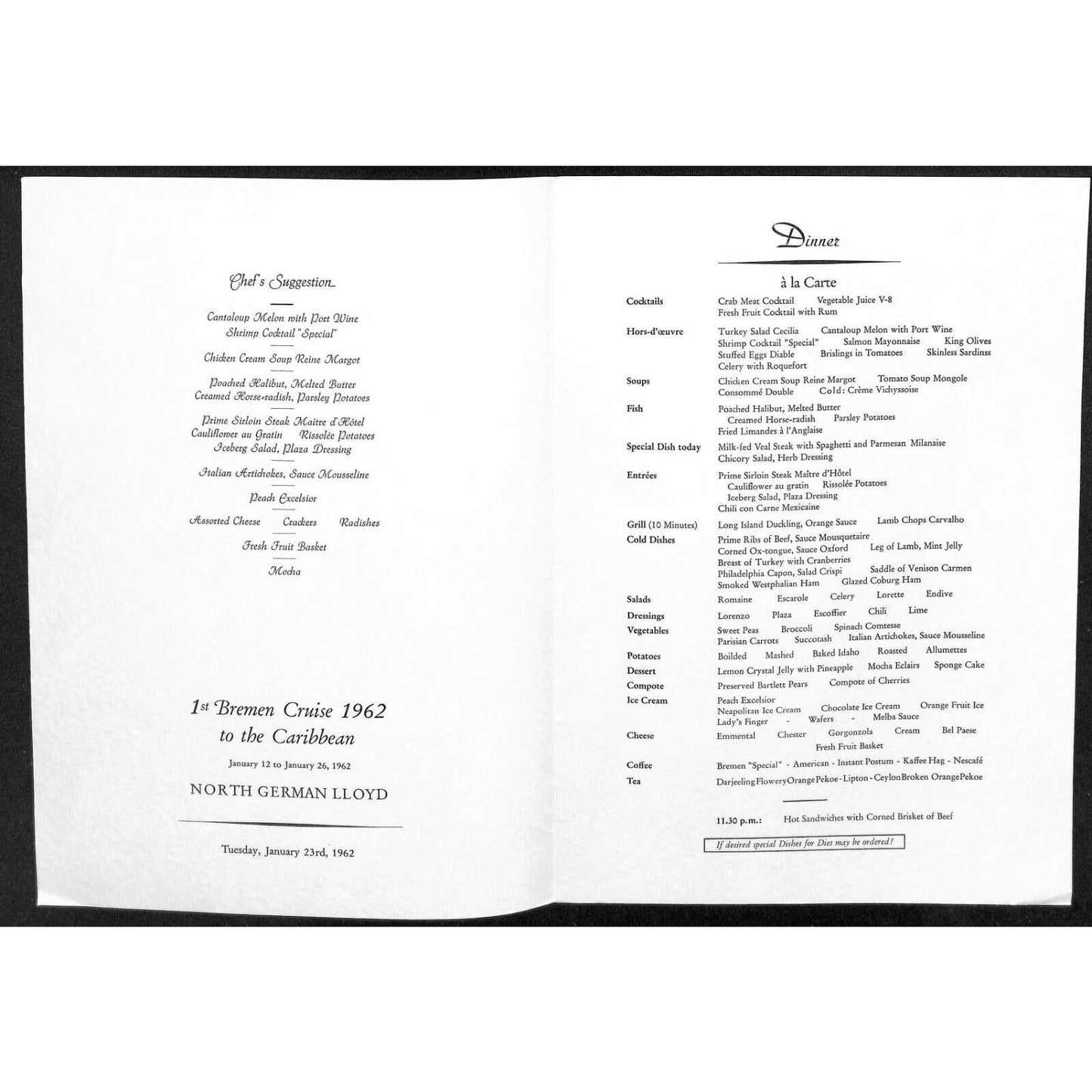 1962 North German Lloyd Bremen Cruise Line Dinner Menu Jan 23