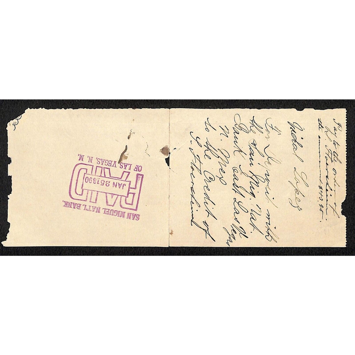 East Las Vegas, NM Browne & Manzanares Co. (Grocers Bankers) 1890 Bank Check