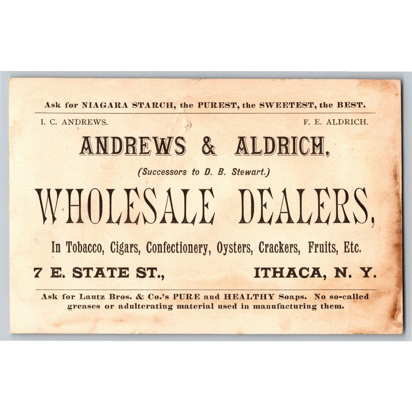 Andrews & Aldrich Ithaca, NY Victorian Trade Card Woman Holding Product Box