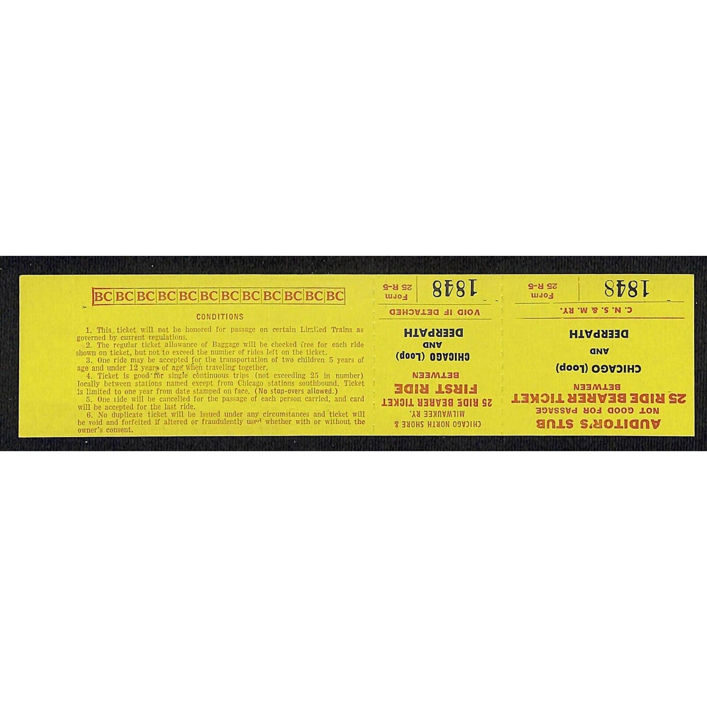 Chicago North Shore & Milwaukee Railway Unused 25-Ride Ticket Deerpath #1848