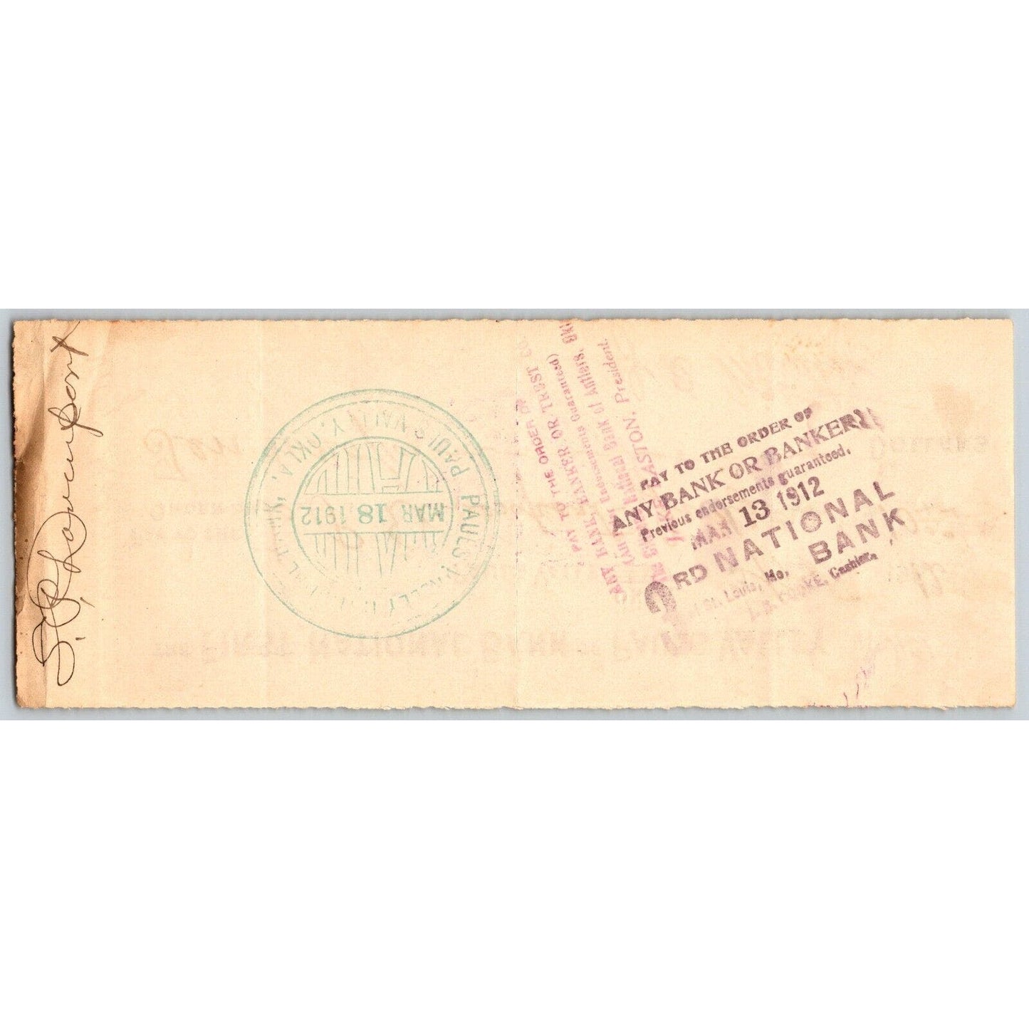 Pauls Valley, Oklahoma (w/ Indian Territory Strike-out) 1912 FNB Bank Check