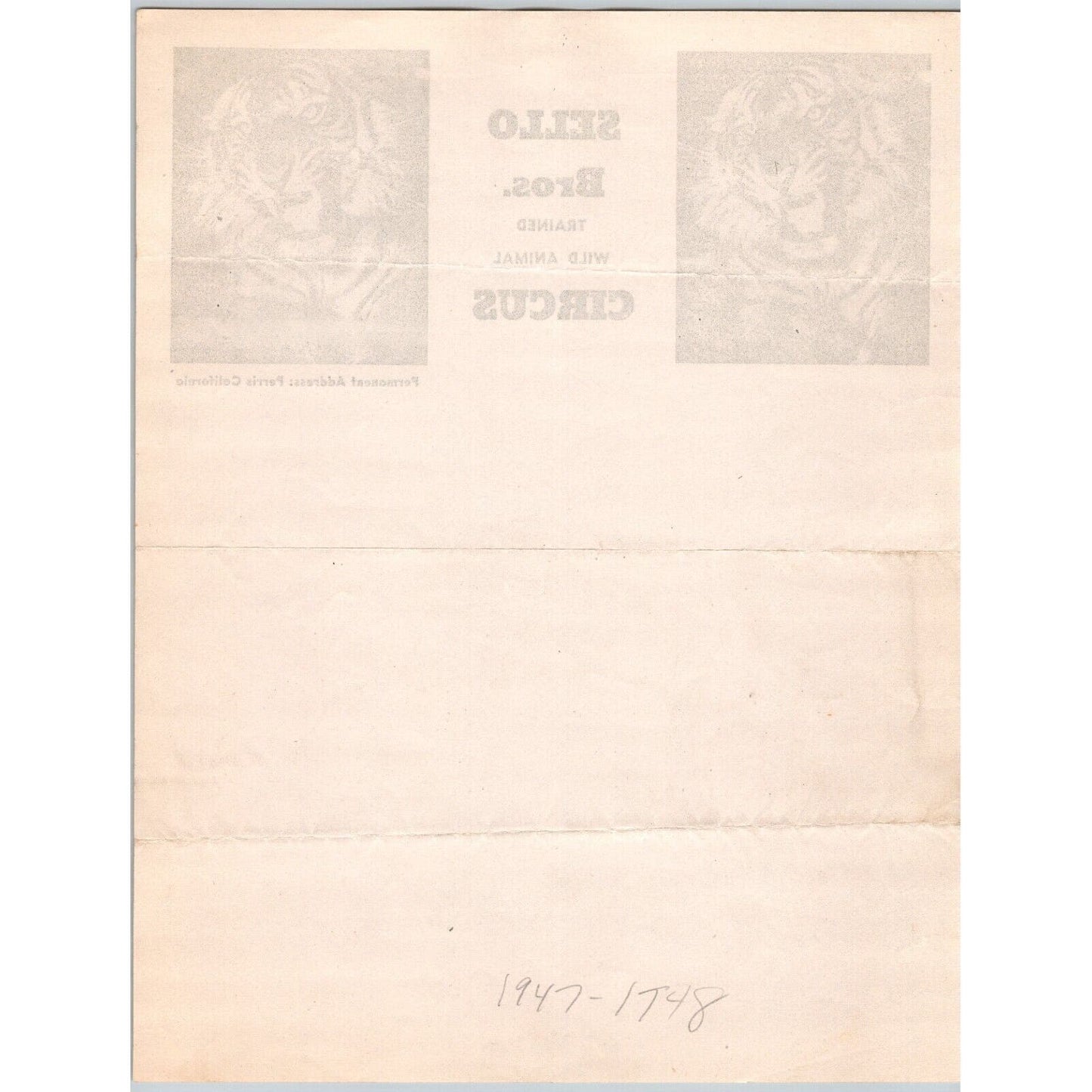 Sello Bros. Trained Wild Animal Circus Letterhead c1947 Perris, CA Tiger Scarce