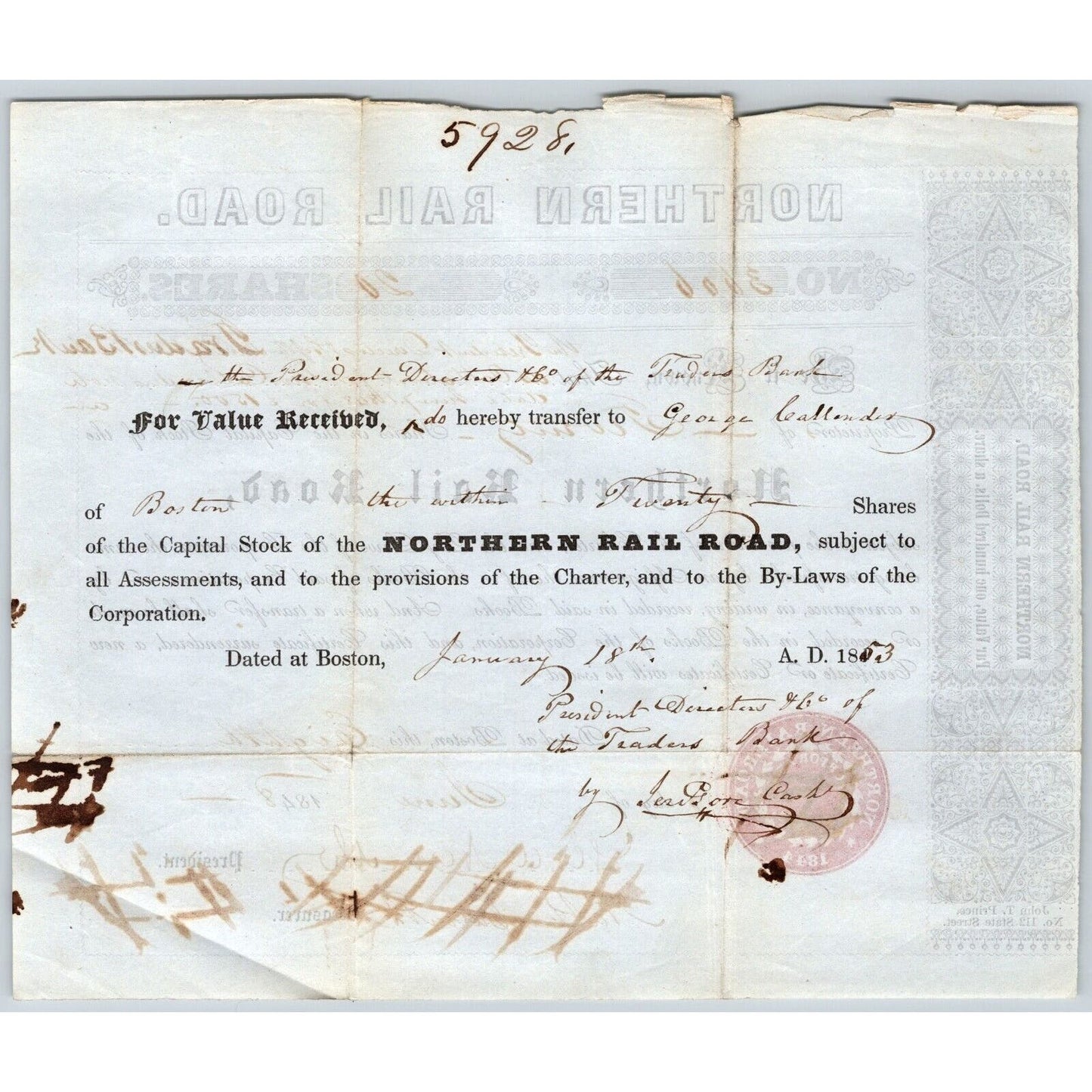 1848 Boston, MA Northern Railroad Stock Certificate No. 3606 for 20 Shares