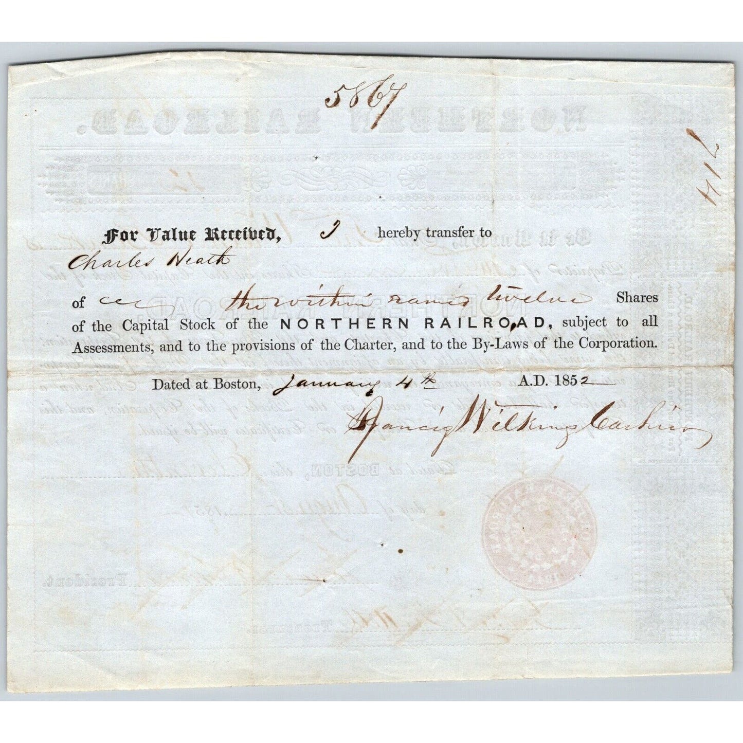 1851 Boston, MA Northern Railroad Stock Certificate No. 8533 for 12 Shares