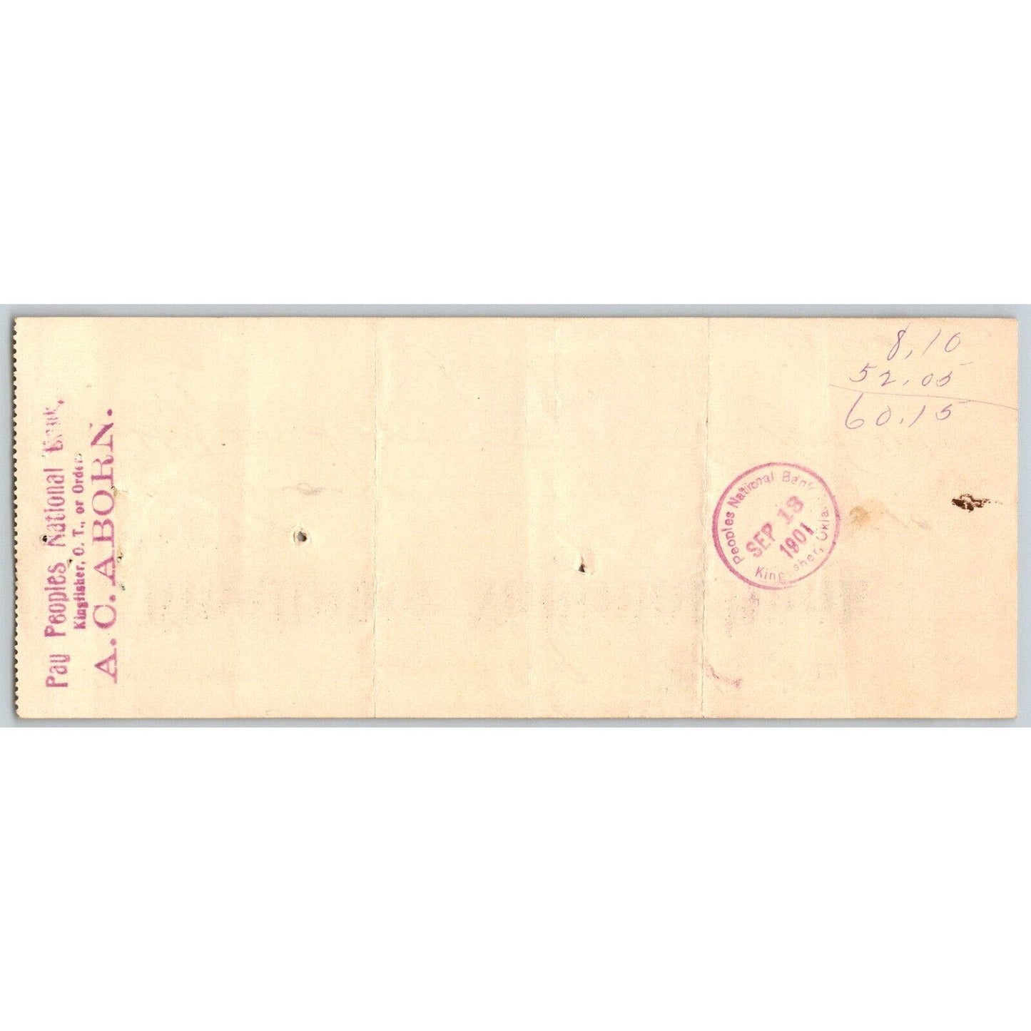 Kingfisher, Oklahoma Territorial 1901 "Kingfisher National Bank" Check - Scarce