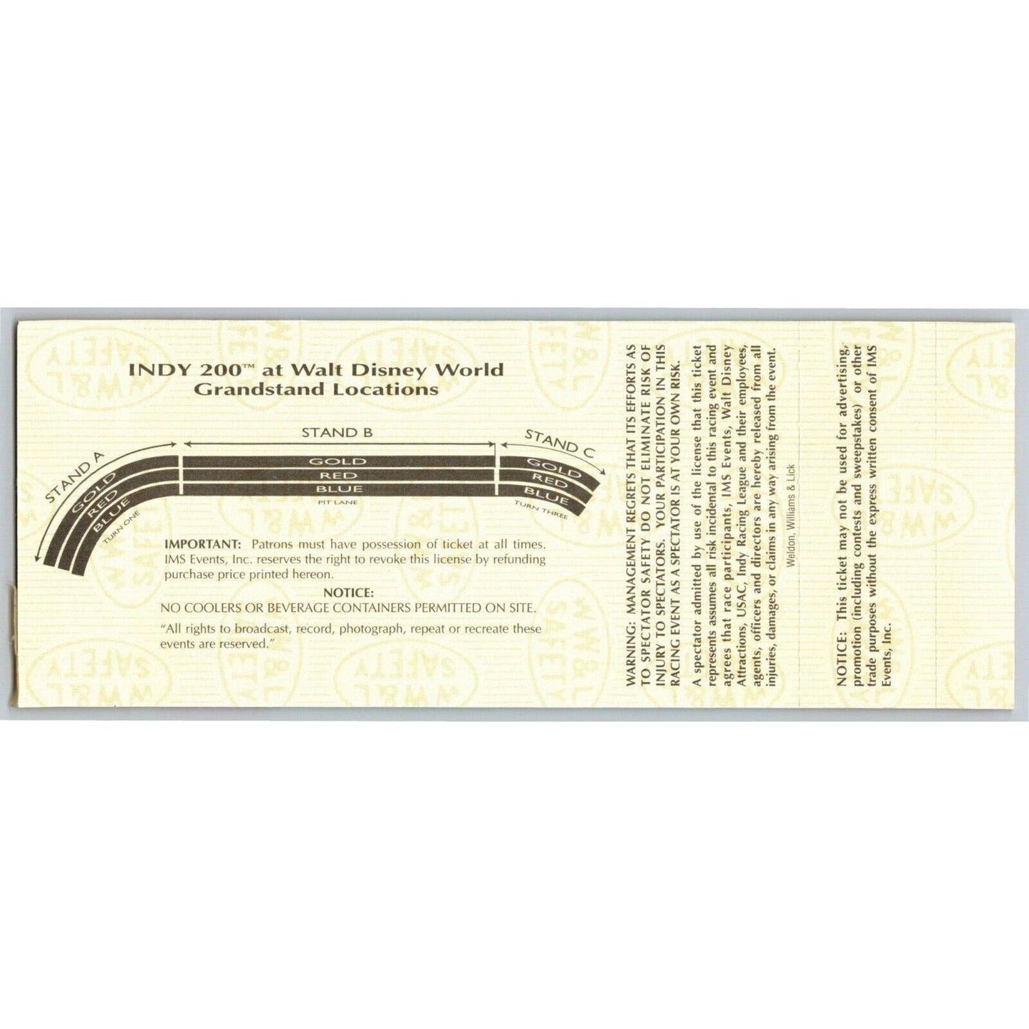 1996 Indy 200 Walt Disney World Thur Qualifications & Practice Unused Ticket #11