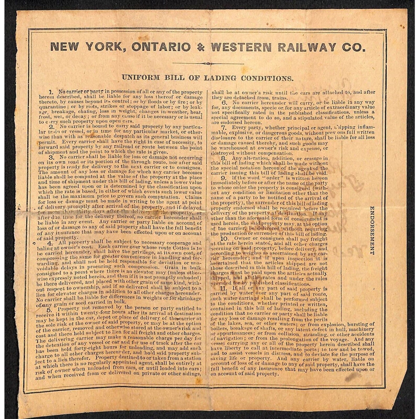 1901 New York, Ontario & Western Railway Co. Freight Bill of Lading w/ Tax Stamp