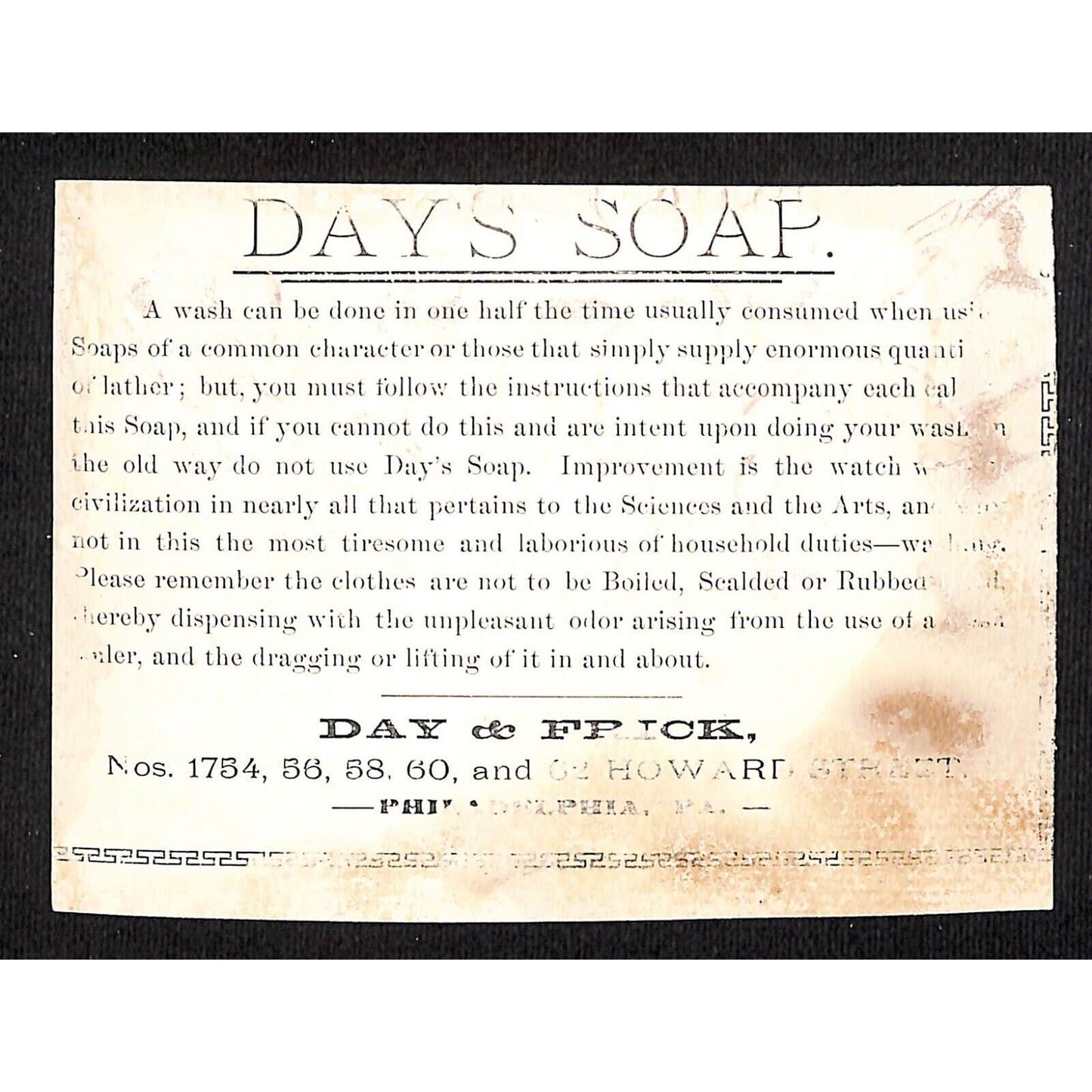 Day's Soap Victorian Trade Card w/Flowers - Day & Frick