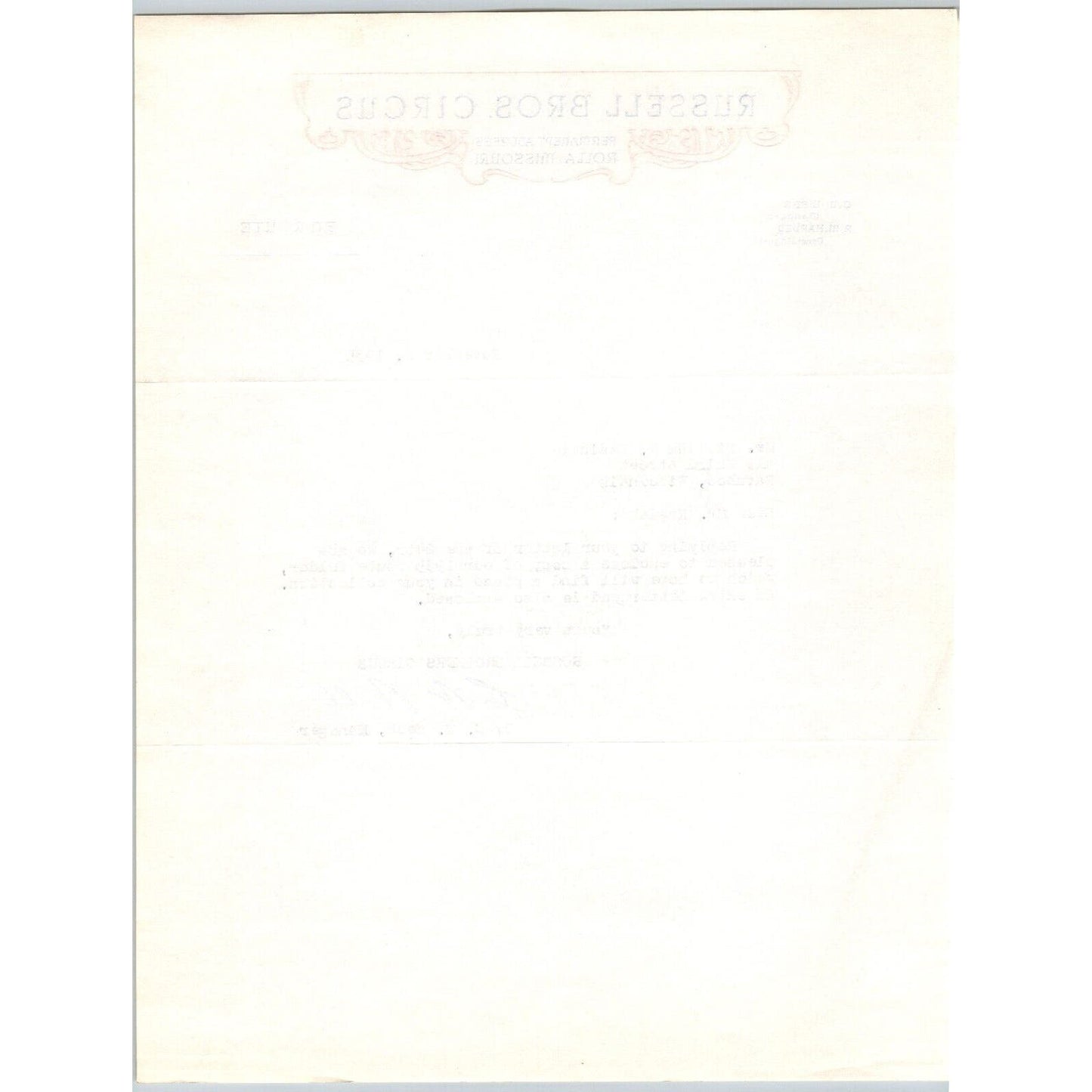 Russell Bros. Circus Letterhead 1935 Rolla Missouri C.W. Webb