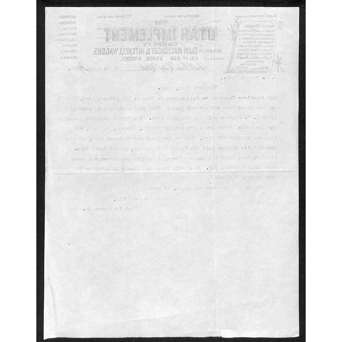 "The Utah Implement Co" Mitchell Wagons Salt Lake City 1897 Buford* Letterhead