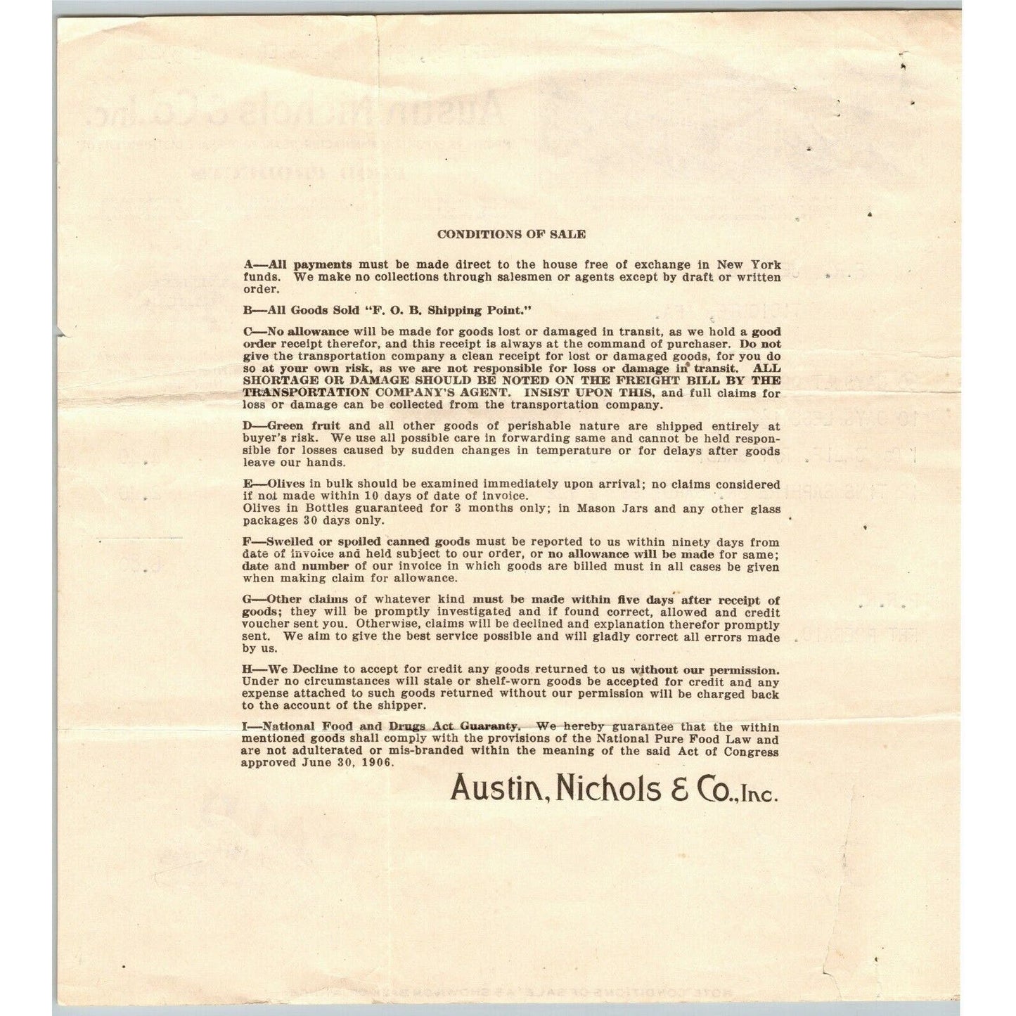 Austin, Nichols & Co 1917 Letterhead New York - Food Products Sunbeam Pure Foods