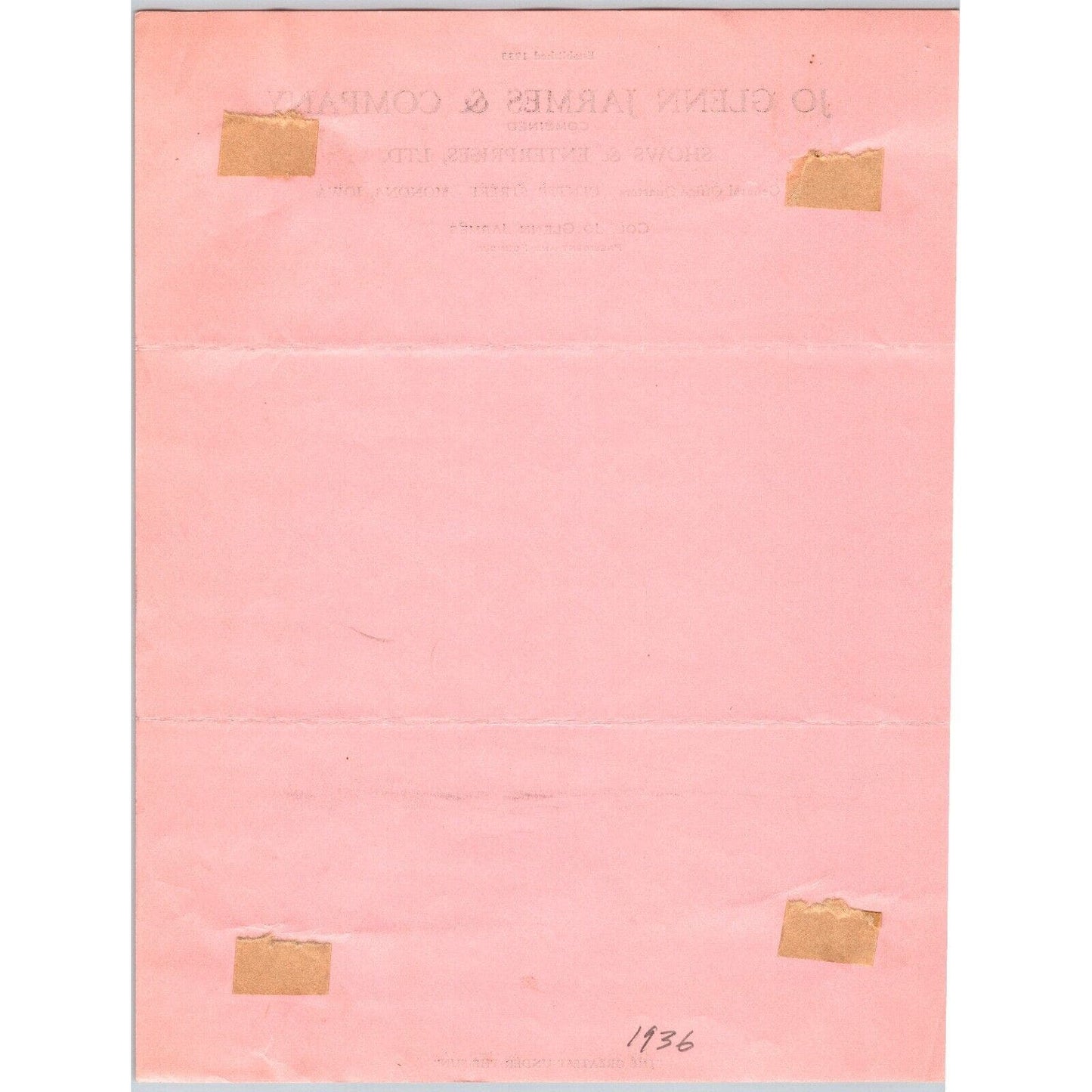 Jo Glenn Jarmes & Company Combined Shows c1936 Circus Letterhead Scarce