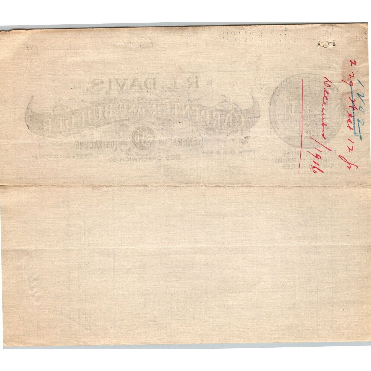 1916 "R. L. Davis, Carpenter and Builder" Billhead Letterhead Greenwich St NYC