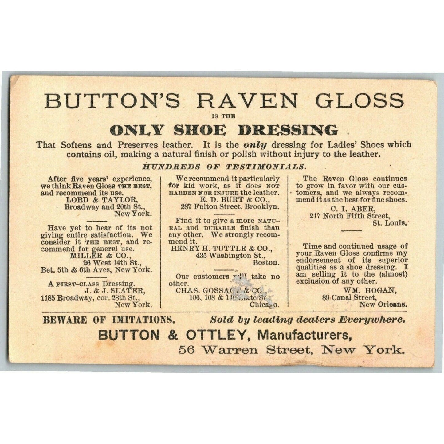 Victorian Trade Card Button's Raven Gloss Shoe Dressing E. E. Carll Brockton, MA