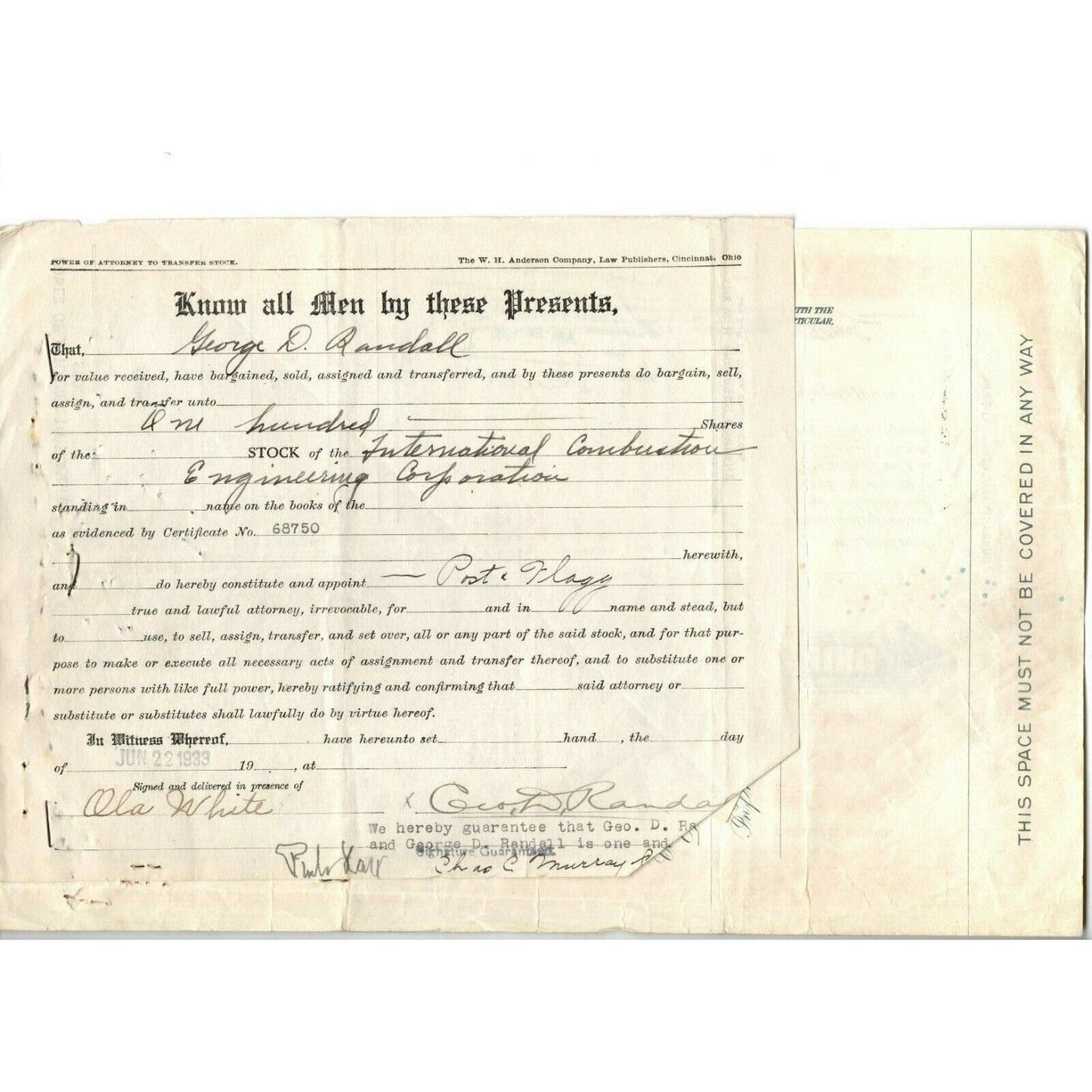 Vintage 1932 Stock Certificate "International Combustion Engineering" & Transfer
