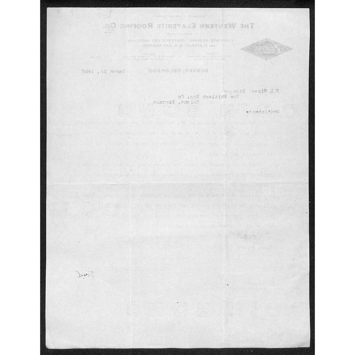 Denver, CO The Western Elaterite Roofing Co. 1905 Letterhead Whitlach MFG Mining