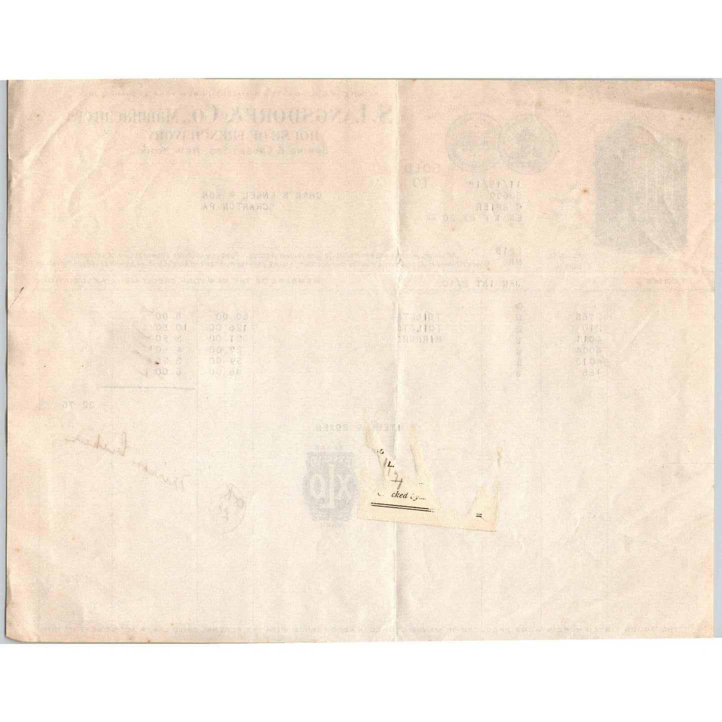 1918 S. Langsdorf & Co. New York City Spring & Crosby Sts. / "Engel" Billhead