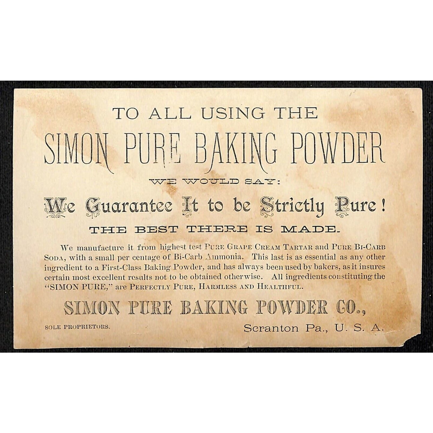 1880-90's Victorian Trade Card Simon Baking Soda Scranton, PA Winter Birds Nest