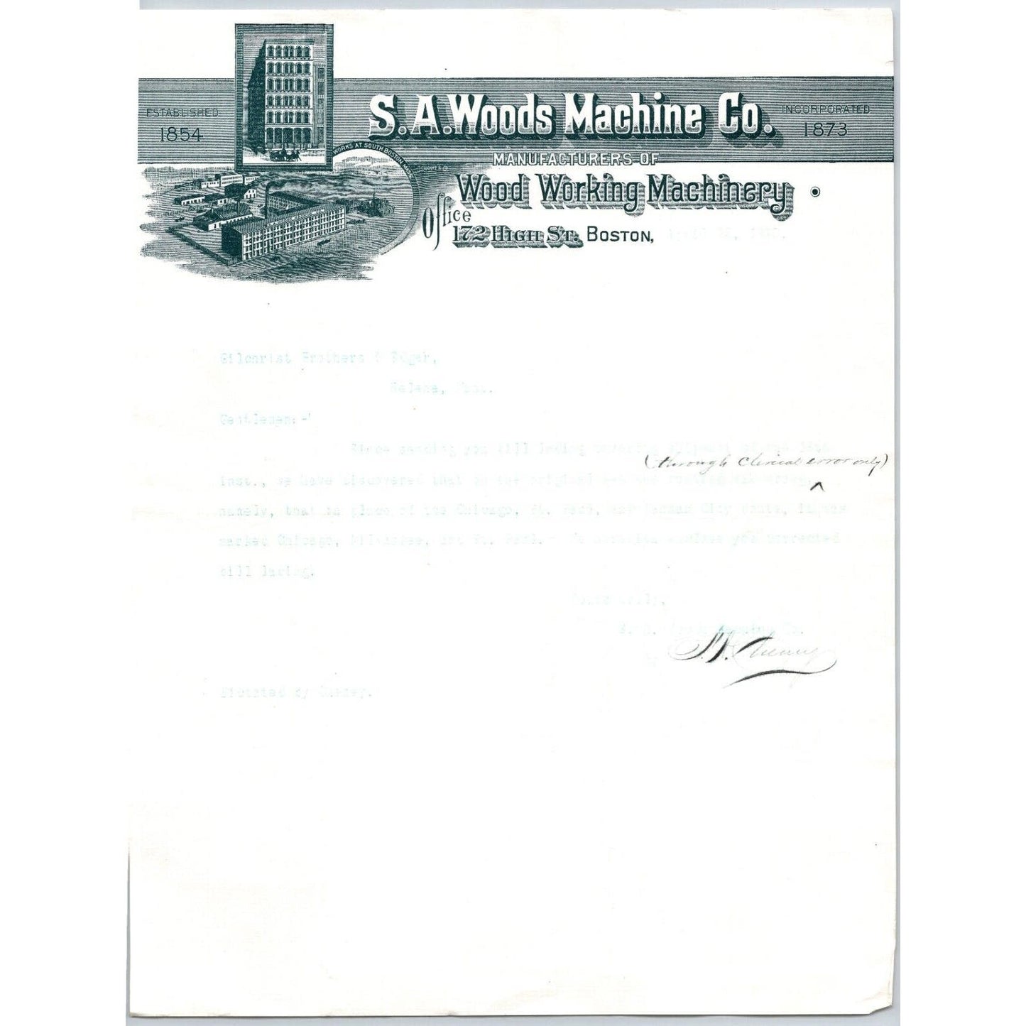 Boston, MA S.A. Woods Machine Co. Wood Working Machinery 1890 Letterhead